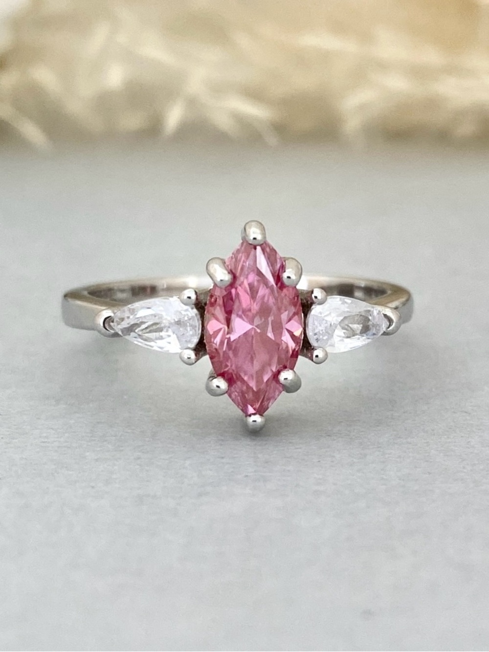 Pink Marquise Moissanite Diamond Pear CZ Sterling Silver Women’s 3 Stone Ring